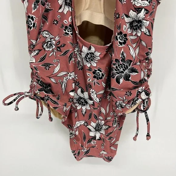 Kona Sol Swimsuit One Piece Pink Floral Print V Neck Side Cinch - Picture 10 of 12